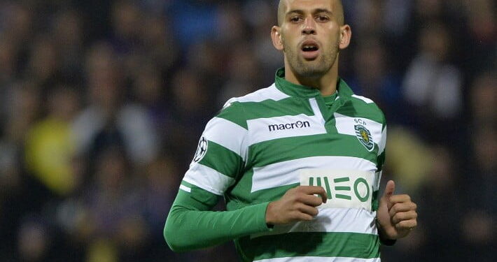 MARIBOR,SLOVENIA - SEPTEMBER 17:   Islam Slimani of Sporting Clube de Portugal in action during the UEFA Group G Champions League football match between NK Maribor and Sporting Lisbon at the Ljudski vrt Stadium on September 17, 2014 in Maribor, Slovenia. (Photo by Samuel Kubani/EuroFootball/Getty Images)