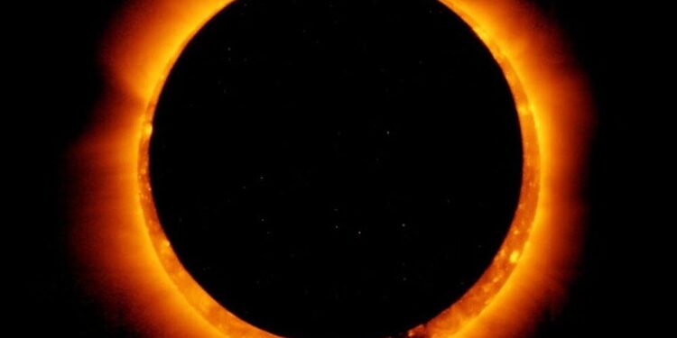 IN SPACE - MAY 20:  In this handout provided by NASA, sun spots are seen as the moon moves into a full eclipse position after reaching annularity during the first annular eclipse seen in the U.S. since 1994 on May 20, 2012.  Differing from a total solar eclipse, the moon in an annular eclipse appears too small to cover the sun completely, leaving a ring of fire effect around the moon. The eclipse is casting a shallow path crossing the West from west Texas to Oregon then arcing across the northern Pacific Ocean to Tokyo, Japan.  (Photo by JAXA/NASA/Hinode via Getty Images)