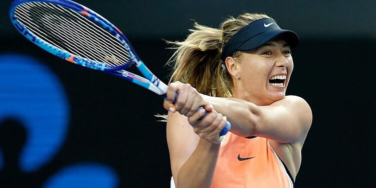 MELBOURNE, AUSTRALIA - JANUARY 18:  Maria Sharapova of Russia plays a backhand in her first round match against Nao Hibino of Japan during day one of the 2016 Australian Open at Melbourne Park on January 18, 2016 in Melbourne, Australia.  (Photo by Zak Kaczmarek/Getty Images)