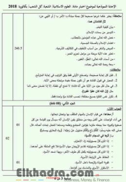 بكالوريا 2018 - الإجابة النموذجية المعتمدة من الوزارة لمادة العلوم الإسلامية 5