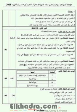 بكالوريا 2018 - الإجابة النموذجية المعتمدة من الوزارة لمادة العلوم الإسلامية 4