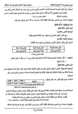 اختبار التاريخ و الجغرافيا شهادة التعليم المتوسط BEM 2022 2