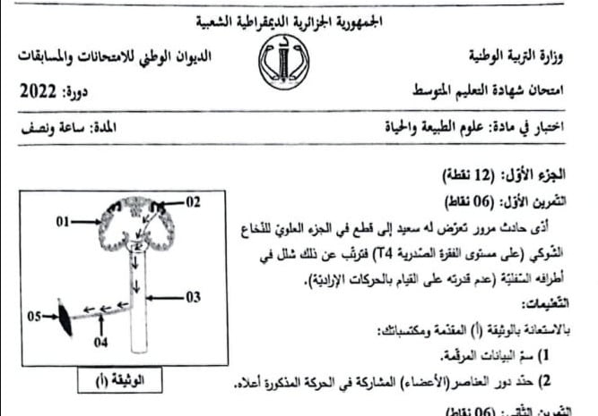 موضوع اختبار العلوم الطبيعية شهادة التعليم المتوسط [ BEM 2022 ] 1