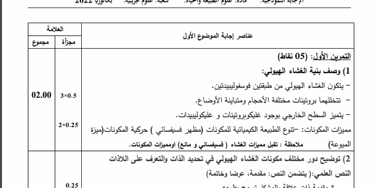 تصحيح موضوع العلوم الطبيعية بكالوريا 2022 شعبة علوم تجريبية 1