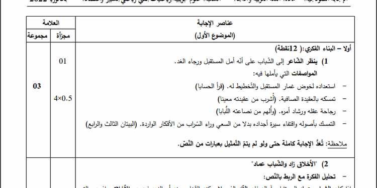 تصحيح موضوع اللغة العربية بكالوريا 2022 شعب علمية 1