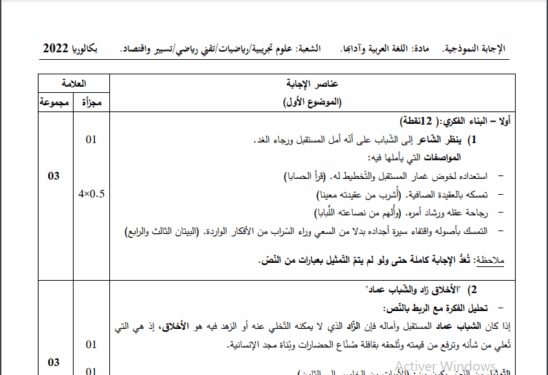 تصحيح موضوع اللغة العربية بكالوريا 2022 شعب علمية 1
