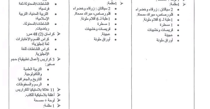 قائمة الأدوات المدرسية الرسمية 2022- 2023 لكل سنوات التعليم الابتدائي 1