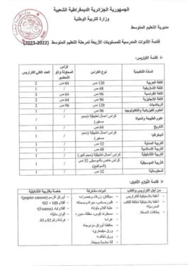 قائمة الأدوات المدرسية الرسمية لكل سنوات التعليم المتوسط 2022-2023 2