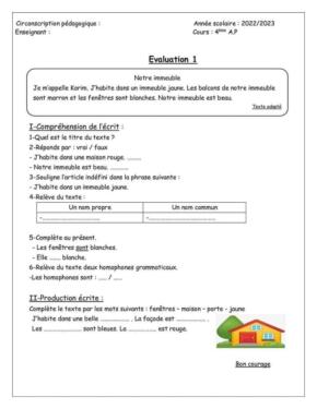 évaluation français 4ème primaire en algerie 2