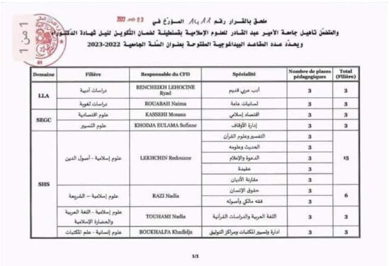 التسجيل و المشاريع المفتوحة لمسابقة الدكتوراه – جامعة الأمير عبد القادر 2023 1