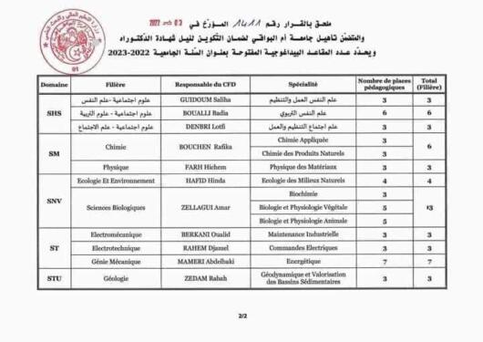 تسجيلات الدكتوراه والتخصصات المتاحة جامعة أم البواقي 2023 2