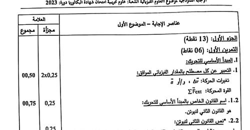 التصحيح الوزاري الرسمي لموضوع الفيزياء بكالوريا 2023 شعبة علوم تجريبية 1