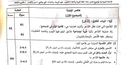 التصحيح الوزاري الرسمي لموضوع اللغة العربية بكالوريا 2023 شعب علمية 1