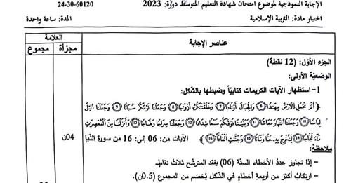 التصحيح الوزاري الرسمي لموضوع التربية الاسلامية شهادة التعليم المتوسط 2023 1