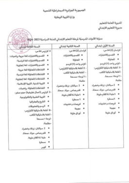 قائمة الأدوات المدرسية الرسمية للتعليم الابتدائي للسنة الدراسية 2023-2024