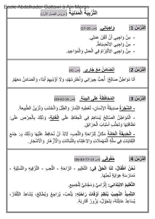 السنة الثانية ابتدائي ملخص دروس التربية العلمية و التربية المدنية و التربية الإسلامية الفصل الأول 2