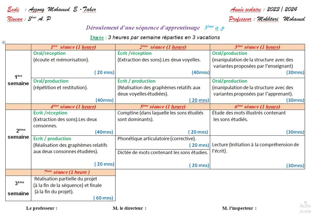 Le nouveau déroulement séquentiel 2023/2024 pour la 3ème a.p 1