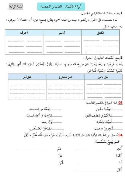 تمارين حول أنواع الكلمة..الضمائر المنفصلة للسنة 4 ابتدائي