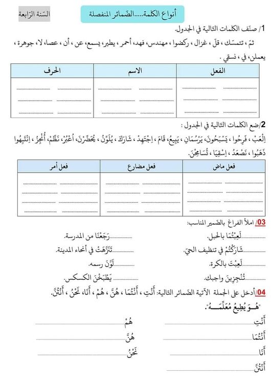 تمارين حول أنواع الكلمة..الضمائر المنفصلة للسنة 4 ابتدائي 2