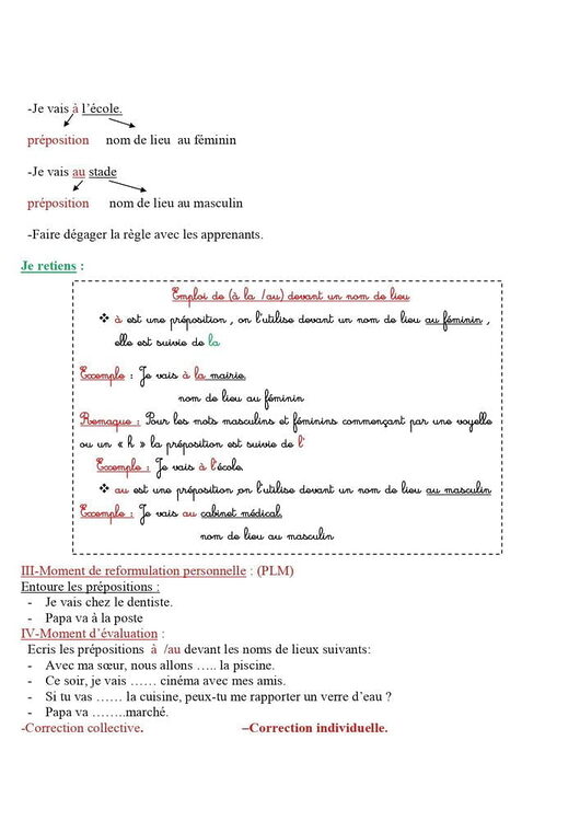 Fiche de la nouvelle leçon de grammaire en 4AP. L'emploi de (à la _au) devant un nom de lieu 2