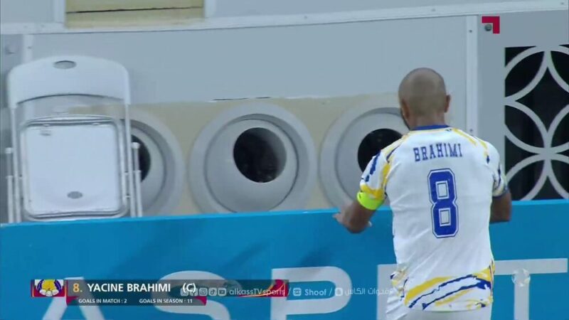 شاهد هدف| ياسين براهيمي يطلب علم فلسطين من المدرجات ويلوح به وسط تشجيع جماهير الريان و الغرافة