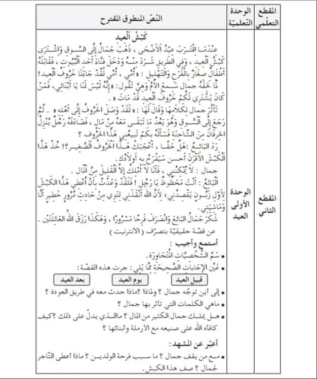 كبش العيد نص فهم المنطوق للسنة الثالثة 3 ابتدائي الجيل الثاني 1