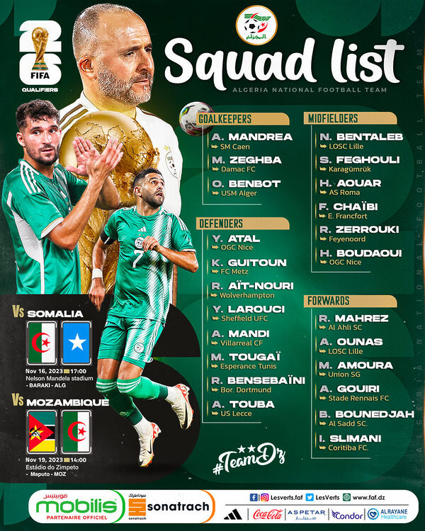 LA LISTE DE BELMADI POUR LES MATCHS DE LA SOMALIE ET DU MOZAMBIQUE 2