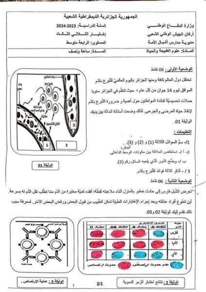 bem 2024 الامتحان التجريبي لمدارس أشبال الأمة +مرفق بالحل في مادة علوم الطبيعية و الحياة