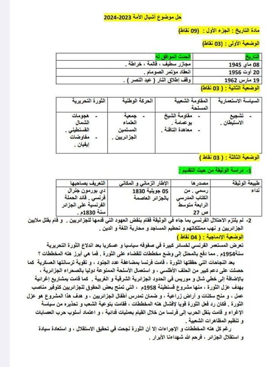 bem 2024 الامتحان التجريبي لمدارس أشبال الأمة في مادة التاريخ والجغرافيا +مرفق بالحل 4