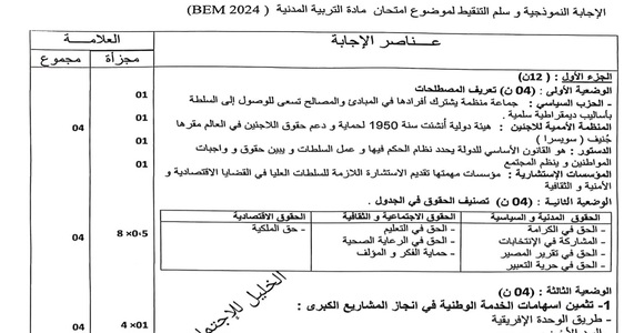 تصحيح موضوع التربية المدنية شهادة التعليم المتوسط 2024