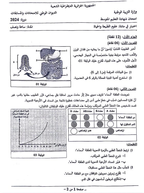 موضوع مادة علوم الطبيعة و الحياة في امتحان شهادة التعليم 2024 2