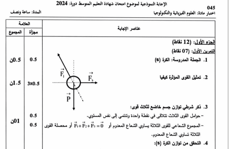 تصحيح موضوع الفيزياء شهادة التعليم المتوسط 2024