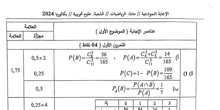 تصحيح موضوع الرياضيات بكالوريا 2024 شعبة علوم تجريبية 1