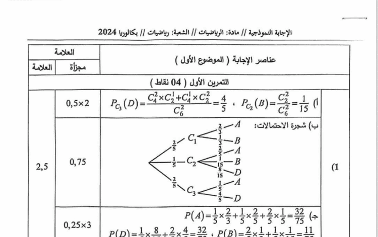 تصحيح موضوع الرياضيات بكالوريا 2024 شعبة رياضيات