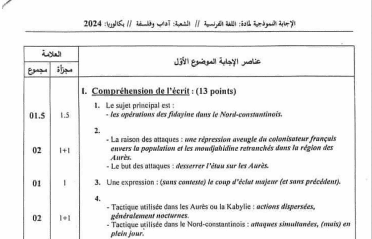 التصحيح الوزاري الرسمي لموضوع اللغة الفرنسية بكالوريا 2024 شعبة آداب وفلسفة