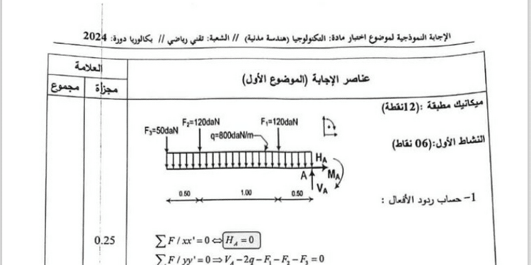 التصحيح الوزاري الرسمي لموضوع الهندسة المدنية بكالوريا 2024 شعبة تقني رياضي 1