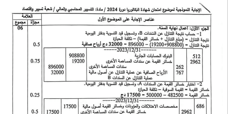 التصحيح الوزاري الرسمي لموضوع التسيير المحاسبي والمالي بكالوريا 2024 شعبة تسيير واقتصاد 1