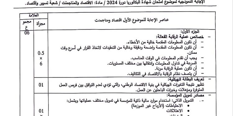 التصحيح الوزاري الرسمي لموضوع الاقتصاد والمناجمنت بكالوريا 2024 شعبة تسيير واقتصاد 1