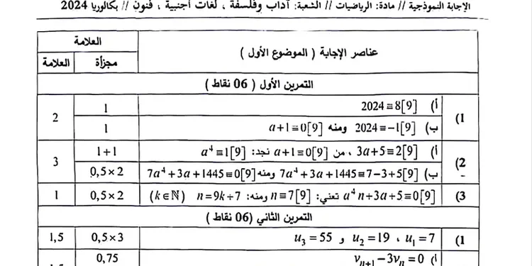 تصحيح موضوع الرياضيات بكالوريا 2024 شعب أدبية 1