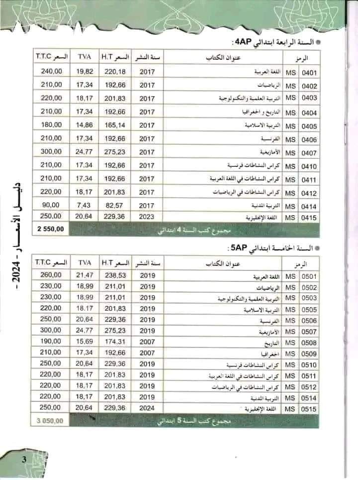 أسعار الكتب المدرسية لجميع الأطوار السنة الدراسية 2025/2024 3
