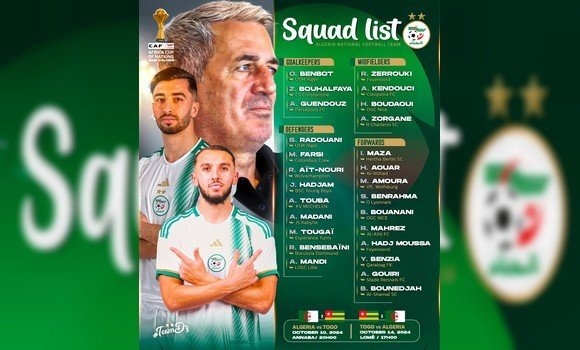 Le sélectionneur de l'équipe algérienne de football Vladimir Petkovic, a dévoilé jeudi une liste de 26 joueurs, en vue de la double confrontation face au Togo 1
