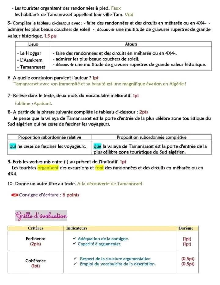 سنة رابعة متوسط فروض اللغة الفرنسية مرفوقة بالحل النموذجي 4