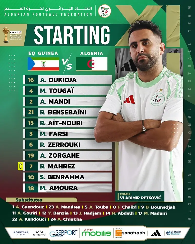 التشكيلة الأساسية للمنتخب الجزائري ضد غينييا الاستوائية اليوم 1