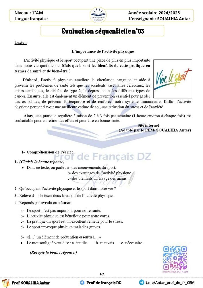 1 am sujet d'examen sur le sport avec le corrigé type 1