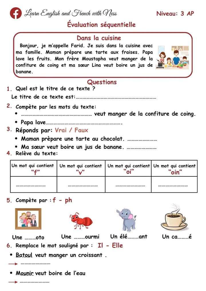 3AP Projet 01 : En Famille! Séquence 02 : Qu’est-ce que tu veux manger ? Évaluation séquentielle 1