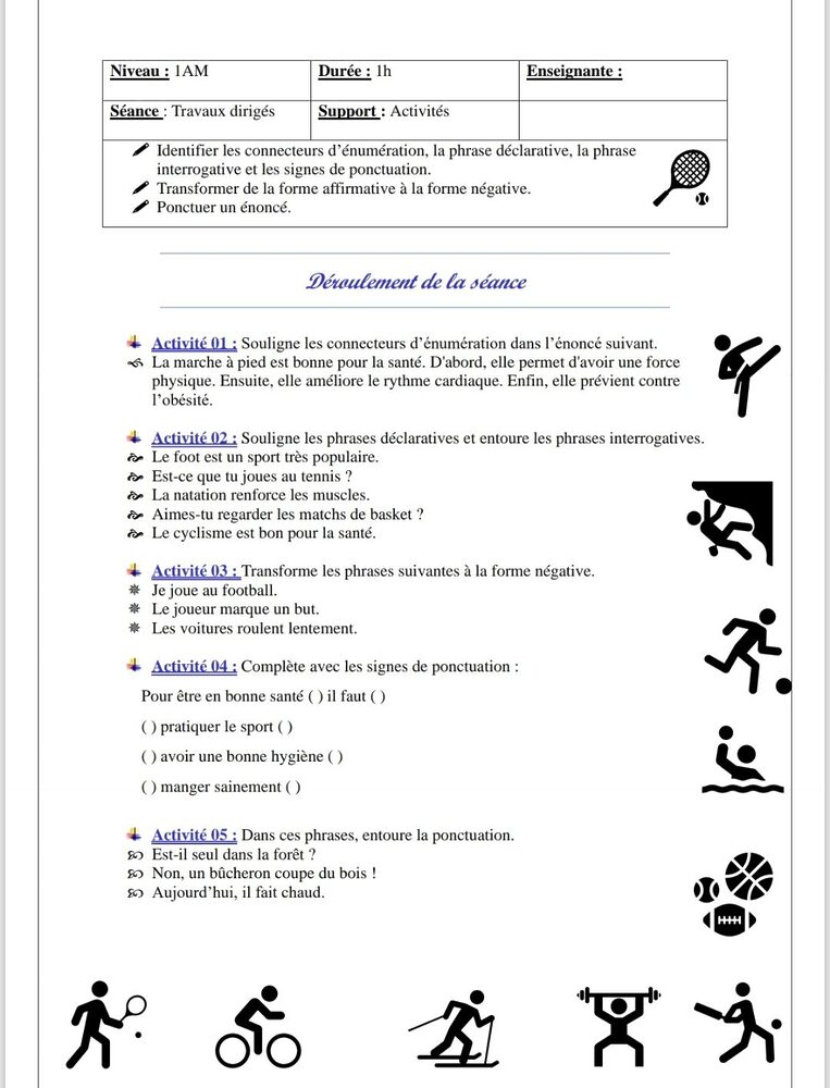 Fiche T.D de la séquence 03 ( le sport ) pour les 1am 1