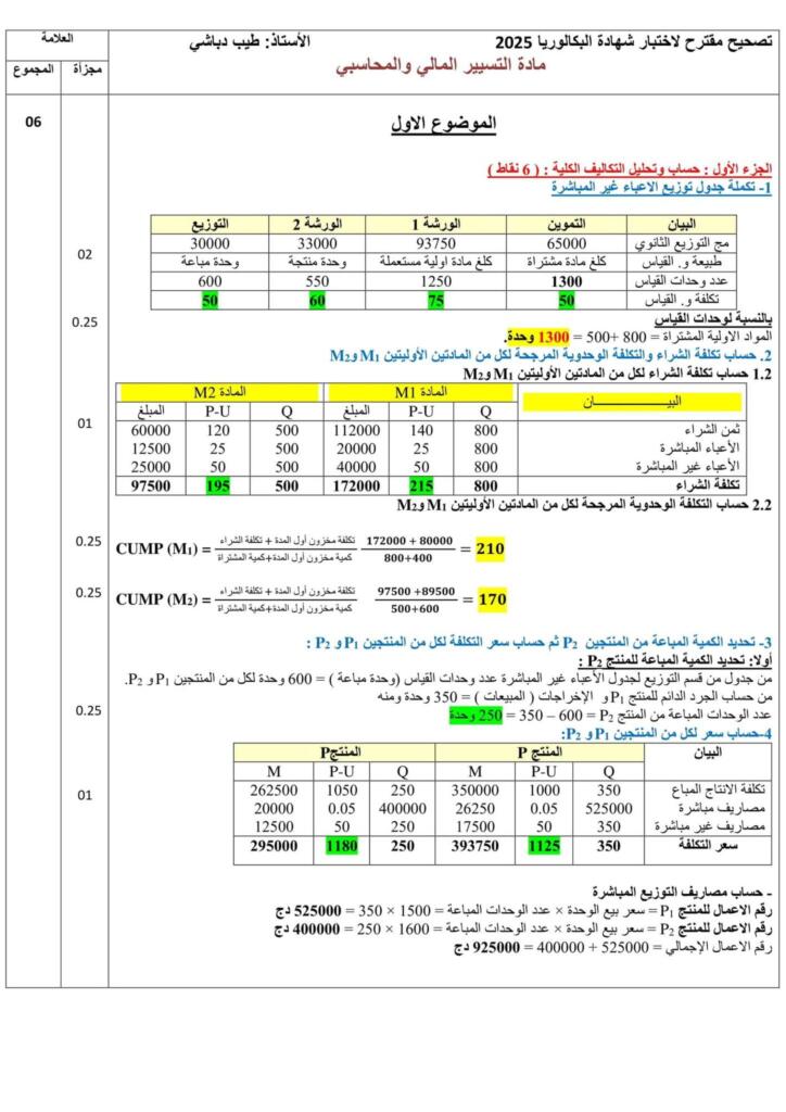 تصحيح موضوع التسيير المحاسبي والمالي بكالوريا 2025 شعبة تسيير واقتصاد 1
