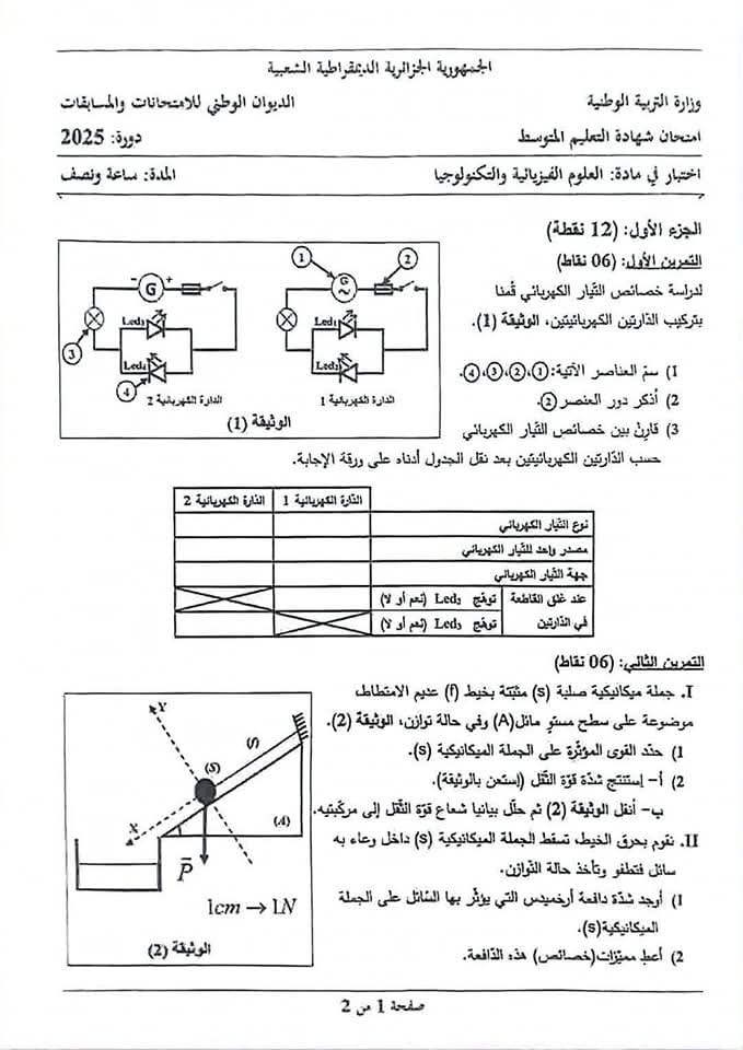 موضوع مادة العلوم الفيـزيائية لامتحـان شهادة التعليم المتوسـط دورة 2025 2