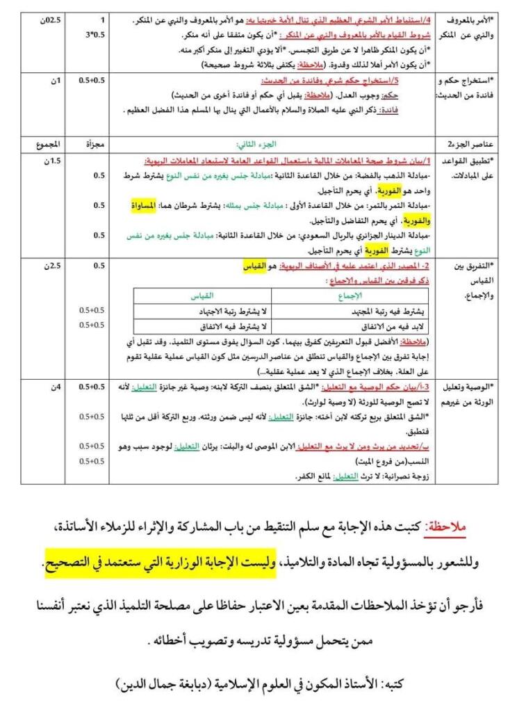 الإجابة النموذجية المقترحة لمادة العلوم الإسلامية بكالوريا 2025 3