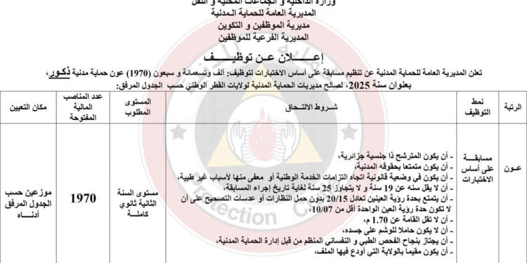 مسابقة الحماية المدنية على أساس الإختبارات لتوظيف (2000) عون الحماية المدنية بعنوان سنة 2025 1